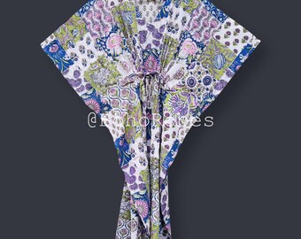 Kaftano in cotone con stampa patchwork, copricostume da spiaggia, pareo da bikini, abbigliamento estivo, regalo per lei