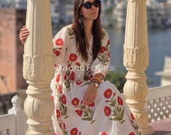 Hand Block Printed Cotton Midi Dress : Boho Summer Dress