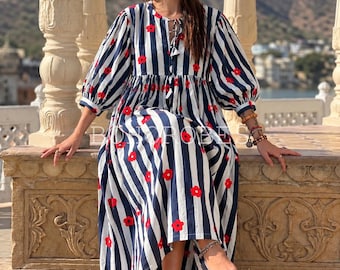 Block Print Cotton Maxi Dress, Long Sleeve Cottagecore Button Front | Christmas Gift for Her