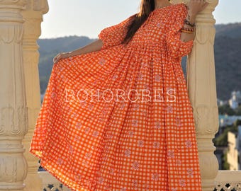 Handmade Cotton Gauze Midi Dress: Deep Neck Summer Dress