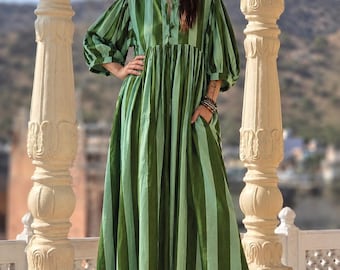 Green Striped Cotton Gauze Midi Dress: Deep Neck Summer Dress