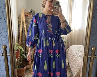 Blue Floral Hand Block Print Midi Dress, Boho Summer Dress, String Closer With Pocket