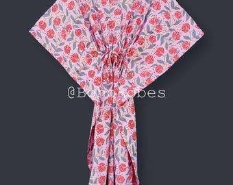 Kaftano in cotone stampato a mano con tecnica block print, pigiama da donna, caftano da festa, regalo per lei