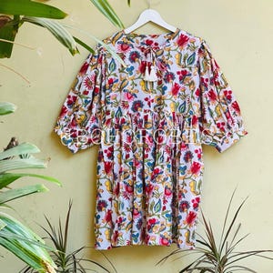 Floral Hand Block Print Kyra Midi Dress | Bohemian Cotton Dress | Summer Dresses for Women | String Closer Dress Gift For Her