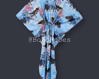 Kaftano in cotone con stampa di mini piante, abbigliamento estivo, copricostume, regalo per lei