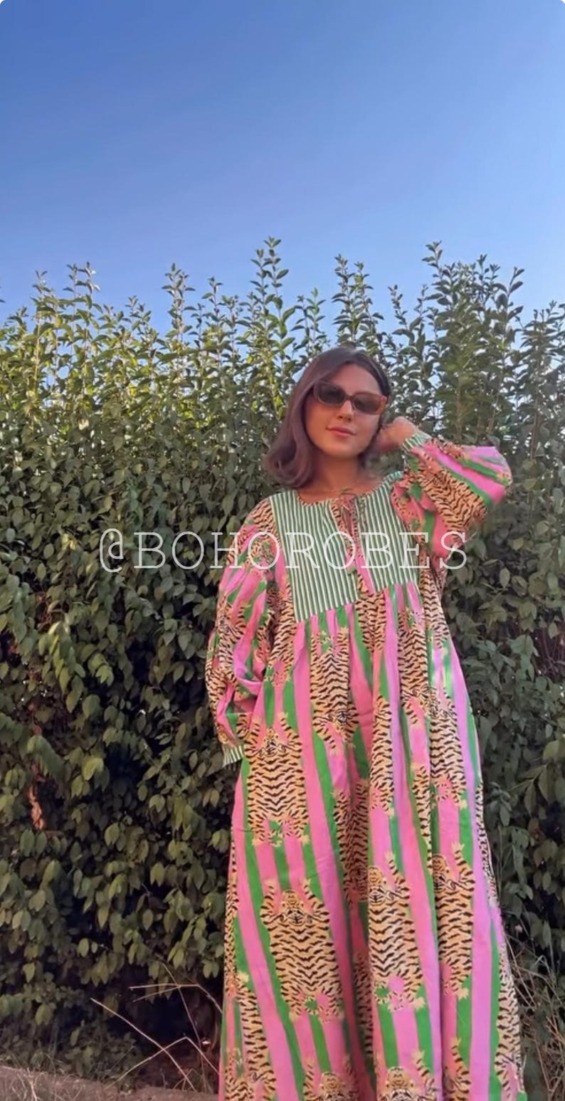 Bold Tiger Print Green Kaftan Dress – Handmade Cotton Kimono Maxi With Striped Yoke & Balloon Sleeves, Boho Beachwear & Lounge Robe