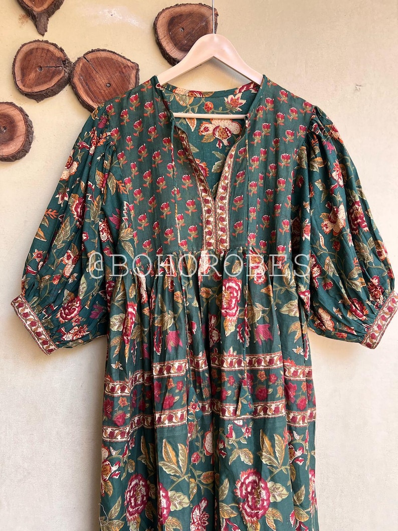 Olive Green Floral Block Print Cotton Maxi Dress – Indian Boho Long Dress