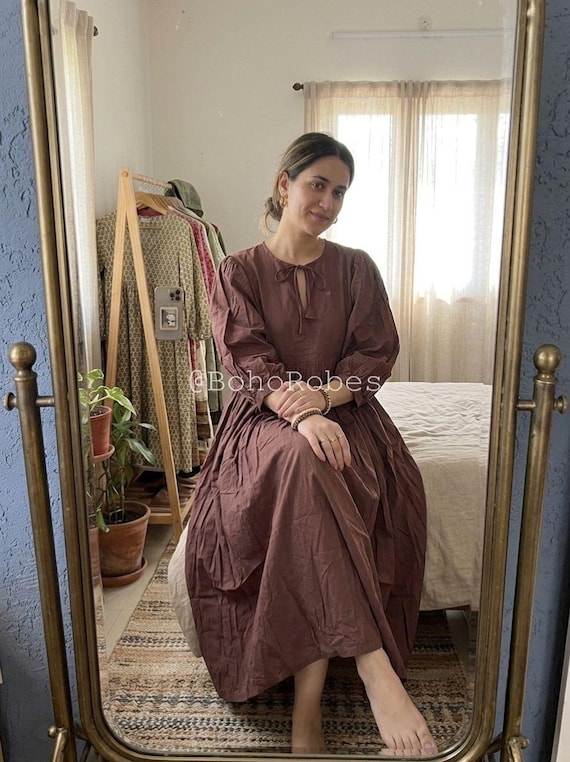 Handmade Kyra Midi Cotton Gauze Dress, Deep Neck Summer Dress
