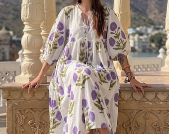 Hand Block Print Floral Cotton Midi Dress: Bohemian Summer Style
