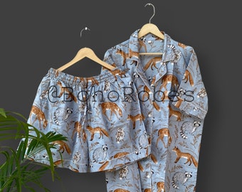 Conjunto de pijama corto de algodón: ropa de estar por casa con estampado de zorro y ciervo