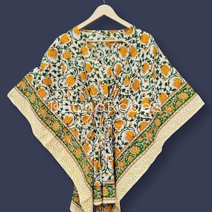 Floral Hand Block Print Cotton Kaftan: Boho Beach Cover-Up