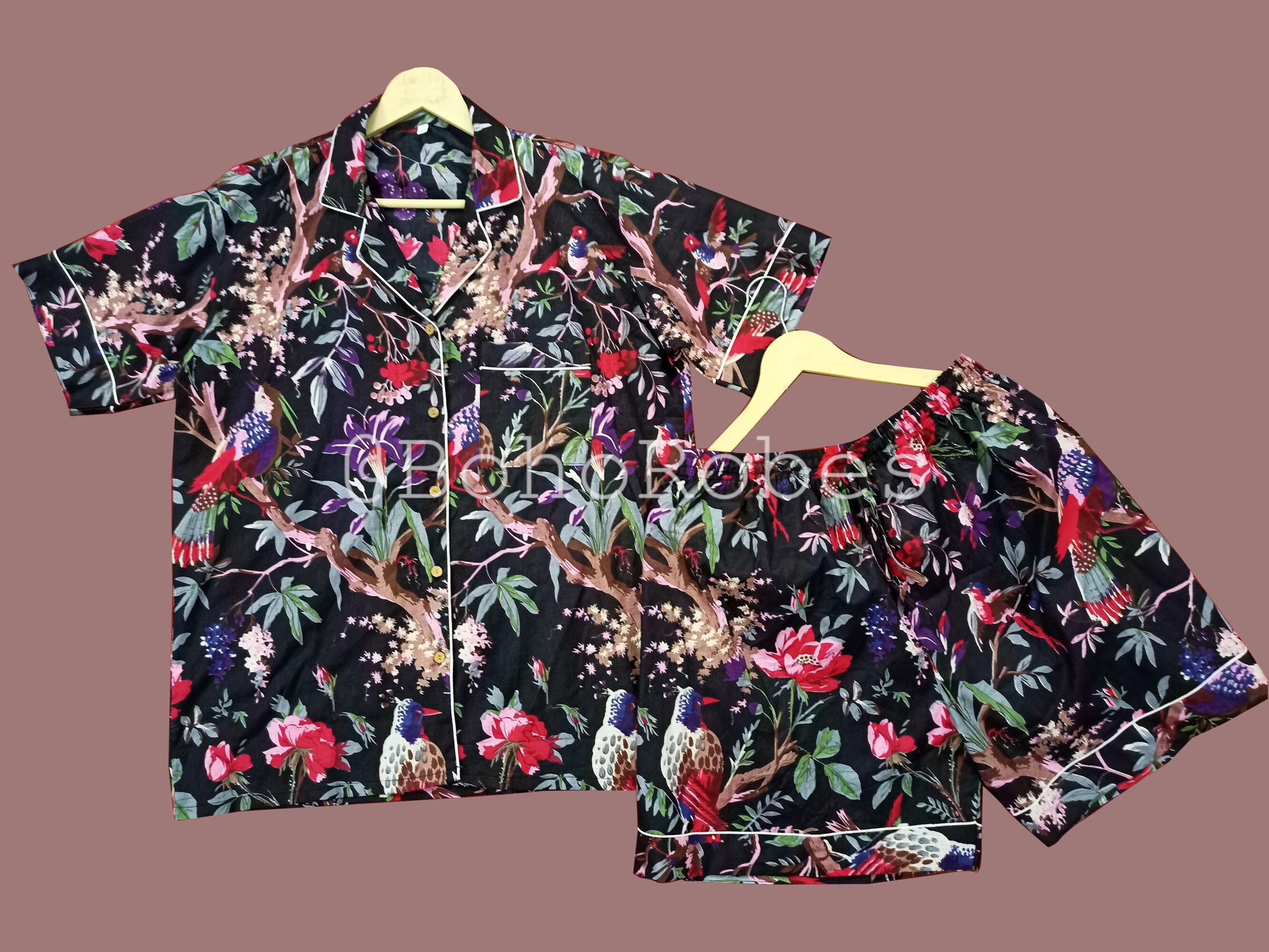 Black Bird Printed Short Pj Set, Bridesmaid Pajama, Cotton Sleepwear, Women Night Dress, Christmas Gifts