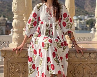 Floral Hand Block Print Cotton Midi Dress: Bohemian Summer Style