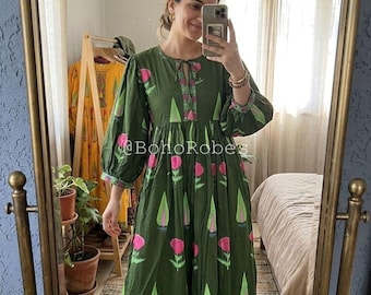 Green Floral Cotton Midi Dress, Boho Dress With Pockets, Balloon Sleeve Cottagecore Dress