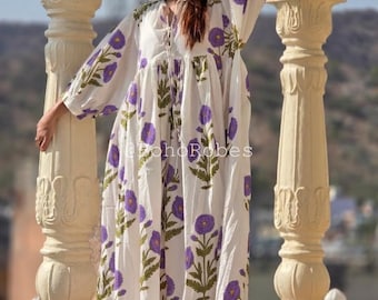 Floral Hand Block Print Cotton Midi Dress: Bohemian Summer Style