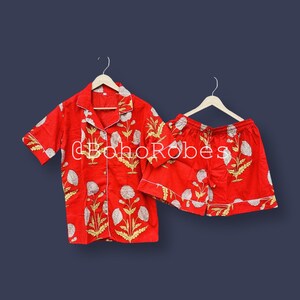 Women's Floral Block Print Short Set, Nightwear Pajama Set, Bridal Short Set, Party Wear, Shirt and Short Set, Comfortable Pj, Gift for Her