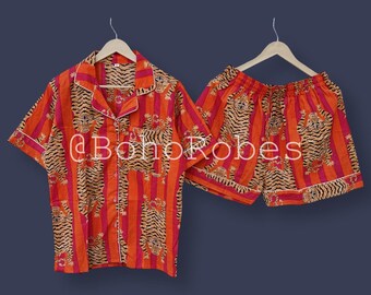 Handmade Cotton Pajama Short Set: Tiger Stripe Print Night Suit