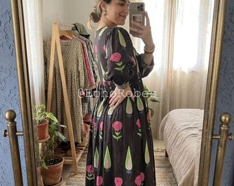 Hand Block Printed Kyra Midi Dress, Boho Summer Dress, String Closer With Pocket