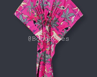 Kaftano in cotone con stampa giungla, caftano da notte, abbigliamento estivo, regalo per lei