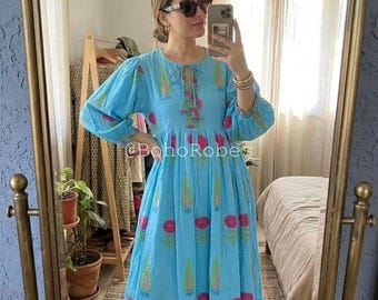 Floral Hand Block Print Cotton Midi Dress, Bohemian Style, Summer Dress