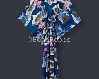 Kaftano in cotone con stampa floreale, fatto a mano, ideale come pigiama, per feste o come regalo per damigella d'onore.