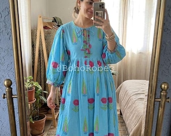 Floral Hand Block Print Kyra Midi Dress | Bohemian Cotton Dress | Dresses for Women | String Closer Dress