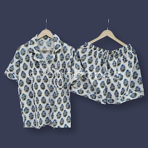 Katoenen korte set met handblokprint, pyjamaset bruidsmeisje, pyjamashort, vrijgezellenfeestkleding, nachtkleding, cadeau bruidsmeisje
