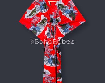 Kaftano in cotone con stampa di piante e alberi, pareo bikini, pigiama, regalo per damigella d'onore