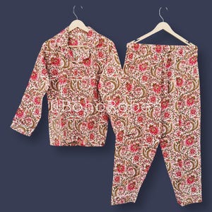 Indian Cotton Floral Pajama Set, Handmade Pajama Set, Cotton Pj Set, Women&#39;s Clothing, Unisex Cotton Set, Summer Cotton Pj Set, Gift for Her