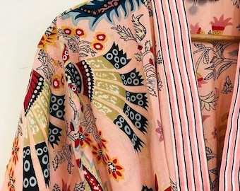 Cotton Kimono Robe Dressing Gown, Block Print Bridesmaid Robe, Summer Nightwear, One Size