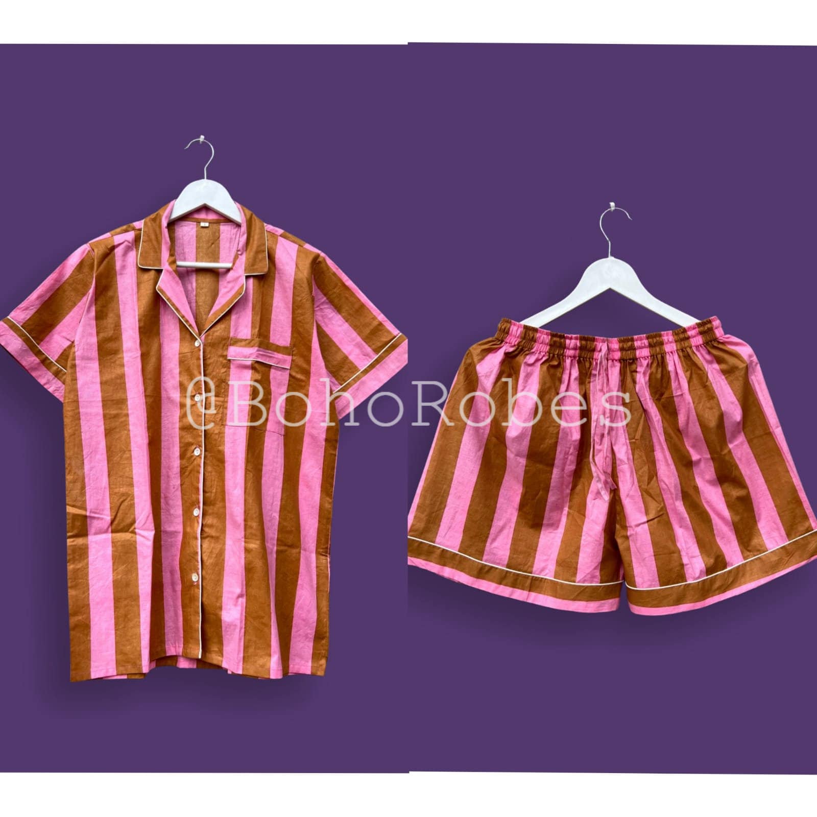 Striped Cotton Pajama Set: Light Pink & Brown Sleepwear
