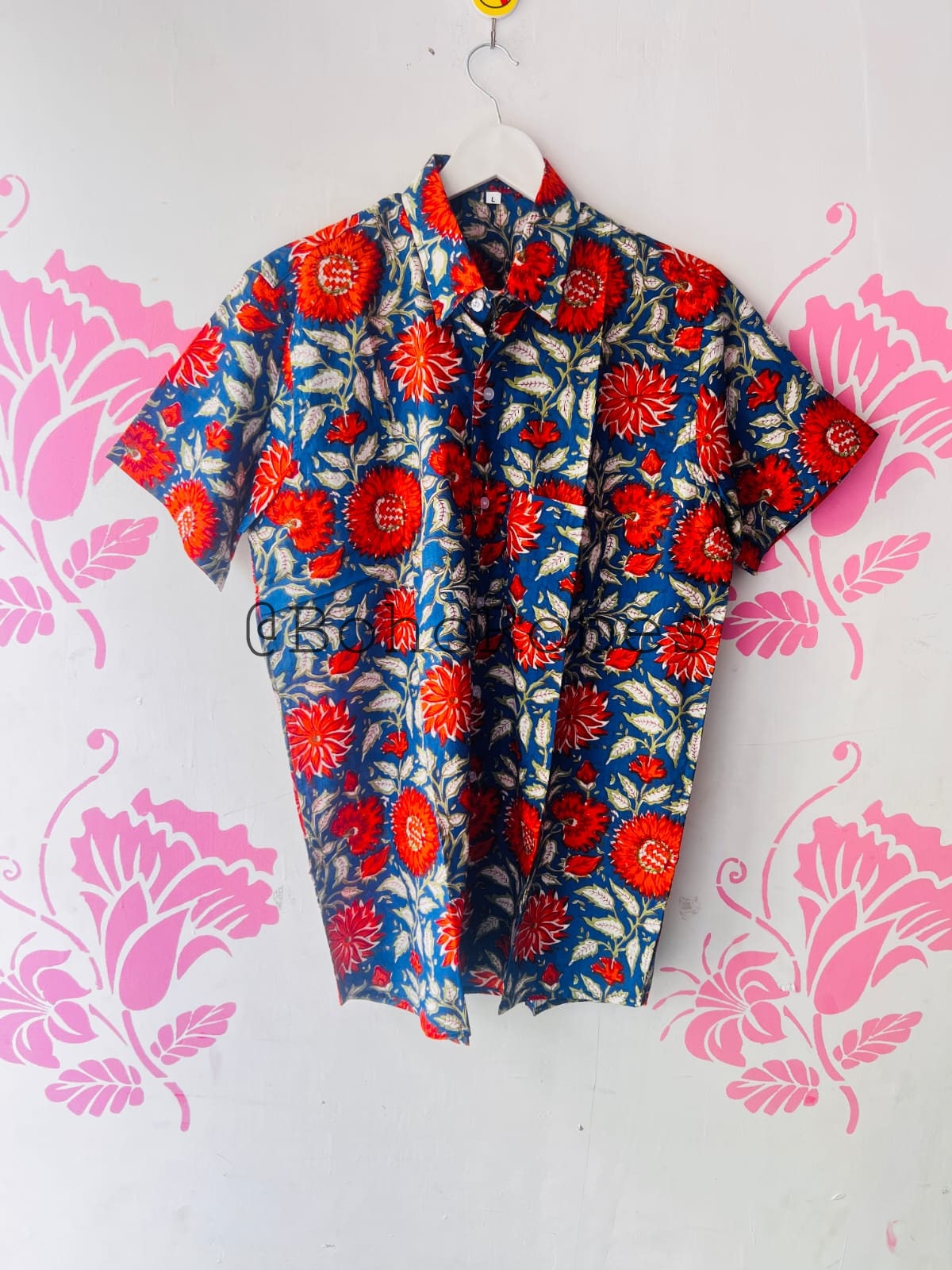 Floral 100% Cotton Men's Shirt, Short Sleeve Printed Cotton
