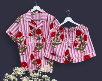 Set pigiama in cotone con stampa floreale a blocchi: pigiama a maniche corte