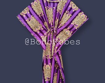 Tiger Stripe Print Cotton Kaftan: Bohemian Beach Cover-Up
