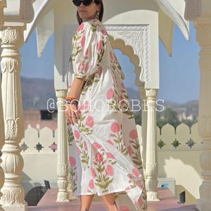 Floral Hand Block Print Cotton Midi Dress: Bohemian Summer Style image 3