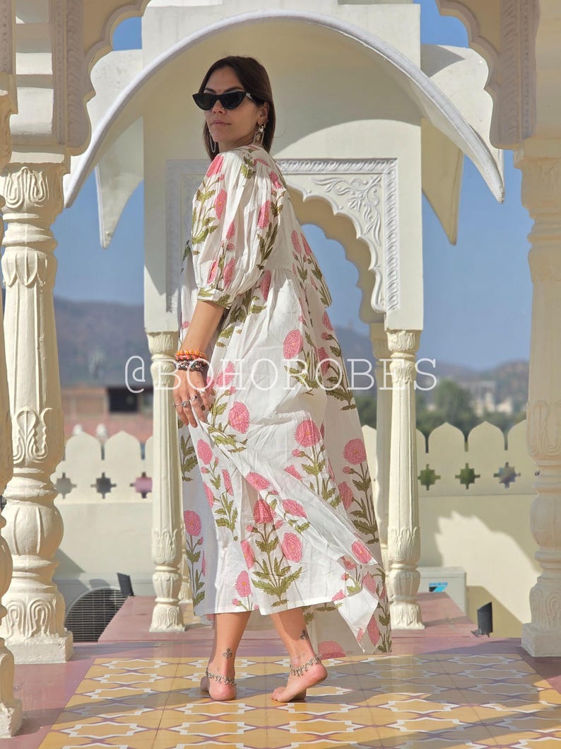 Floral Hand Block Print Cotton Midi Dress: Bohemian Summer Style image 3