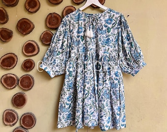 Vestido midi de algodón con estampado floral a mano: vestido bohemio de verano