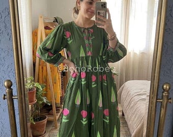 Green Floral Hand Block Print Cotton Midi Dress | Bohemian Style, String Closure