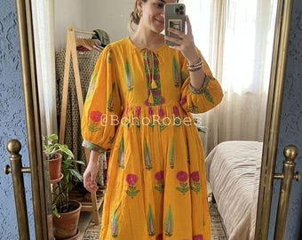 Yellow Floral Cotton Midi Dress, Boho Pockets Balloon Sleeve Cottagecore Outfit