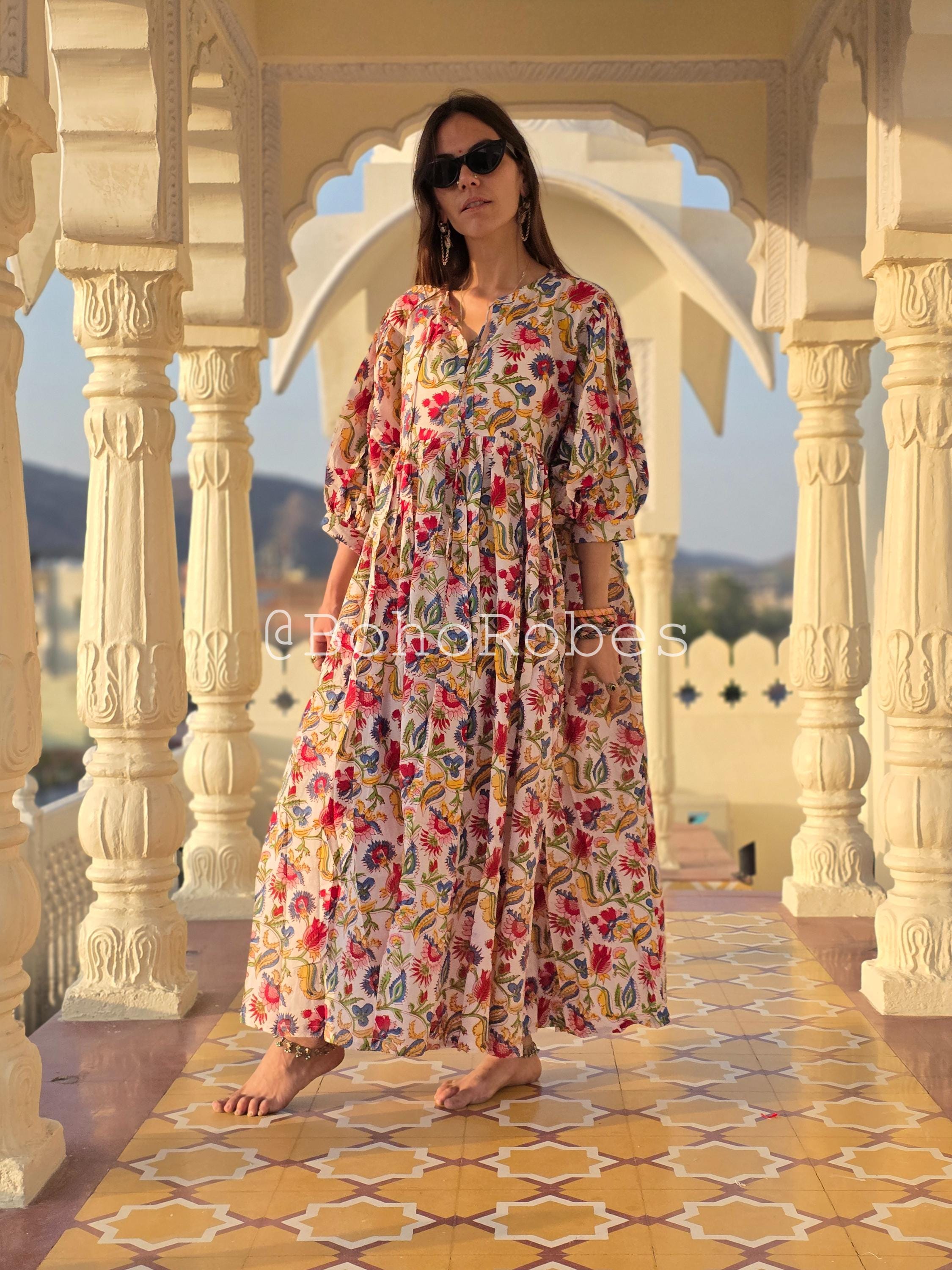 パーティードレス Floral Cotton Printed Midi Kaftan Dress Floral Hand Block Print Soft Cotton Summer Dress, Kyra Midi