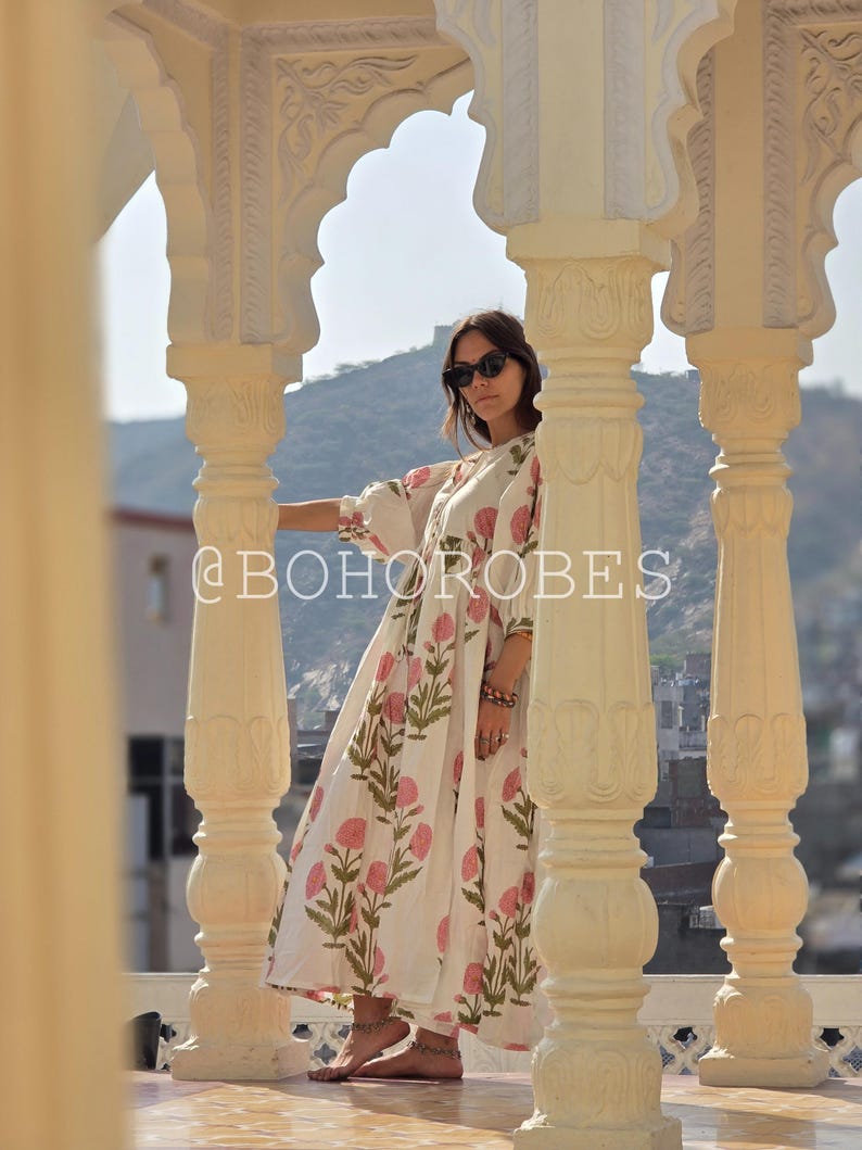 Floral Hand Block Print Cotton Midi Dress: Bohemian Summer Style image 9