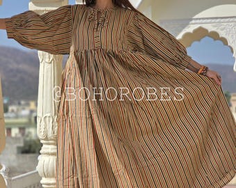 Hand Block Print Striped Midi Dress: Bohemian Cotton Gauze