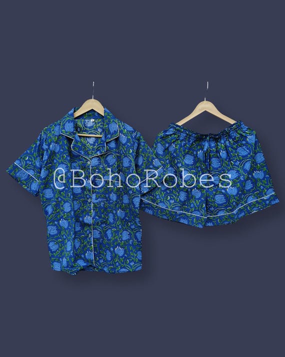 Blue Lotus Cotton Pajama Shorts Set, Handmade Women’s Pajamas, Floral Sleepwear, Summer Loungewear, Short PJ Set