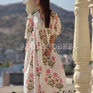 Floral Hand Block Print Cotton Midi Dress: Bohemian Summer Style image 6