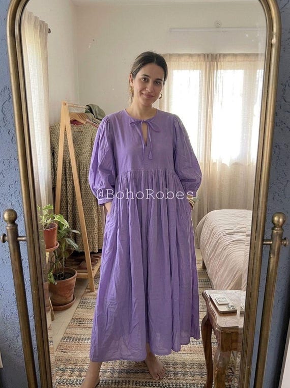 Purple Pure Cotton Midi Dress, Kyra Summer Dress, Boho Beach Wear