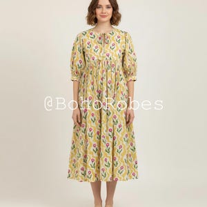 Yellow Floral Cotton Midi Dress: Hand Block Print Bohemian Gauze