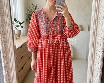 New Gingham Print Cotton Gauze Midi Dress: Deep Neck Summer Dress