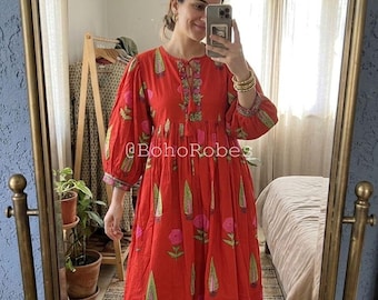Block Print Cotton Gauze Midi Dress, Deep Neck Summer Dress With Pockets