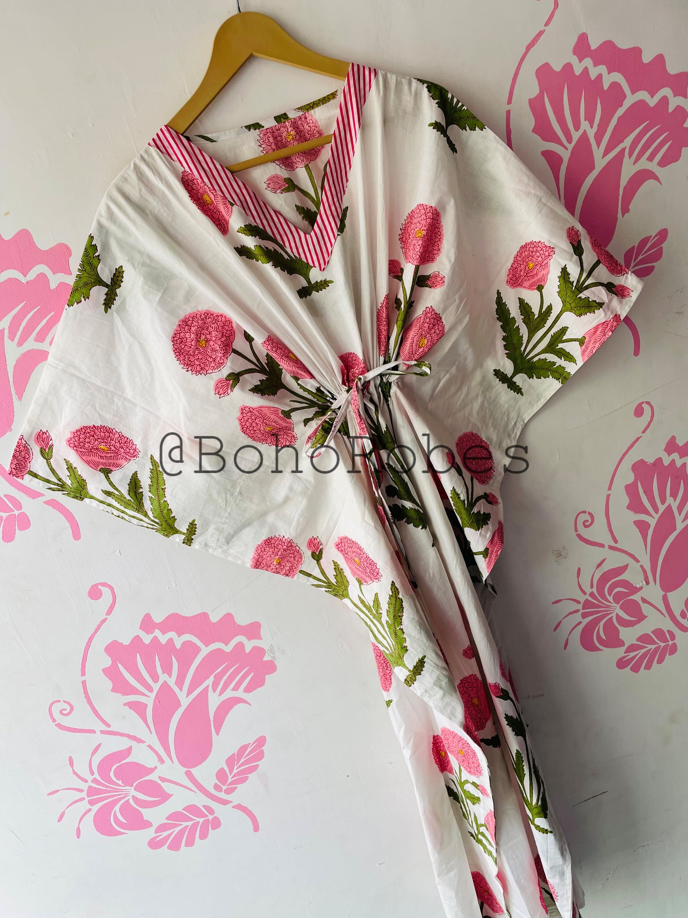 Caftan Long Femme Imprimé Floral Indien - Coton Bleu Ciel Et Blanc - Taille Unique Réglable - Style Bohème été