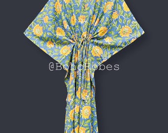 Kaftano in cotone con stampa floreale, ideale per le vacanze, per rilassarsi in casa, come pigiama o regalo per la mamma.